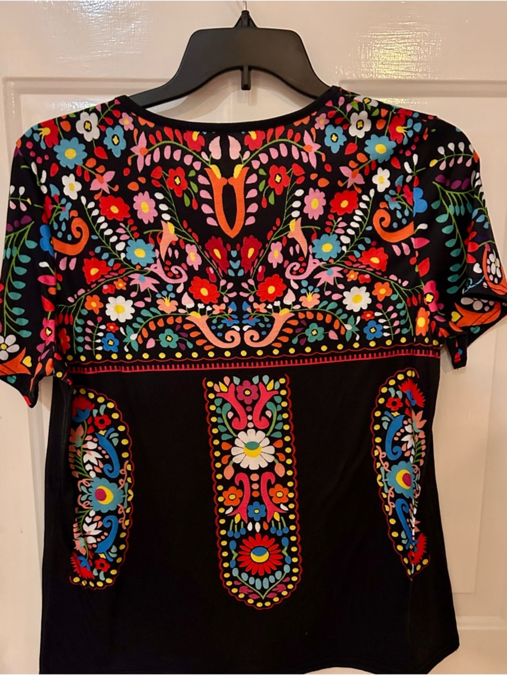 V-Neck Floral Folk Print Top in Black - Picture 5 of 5